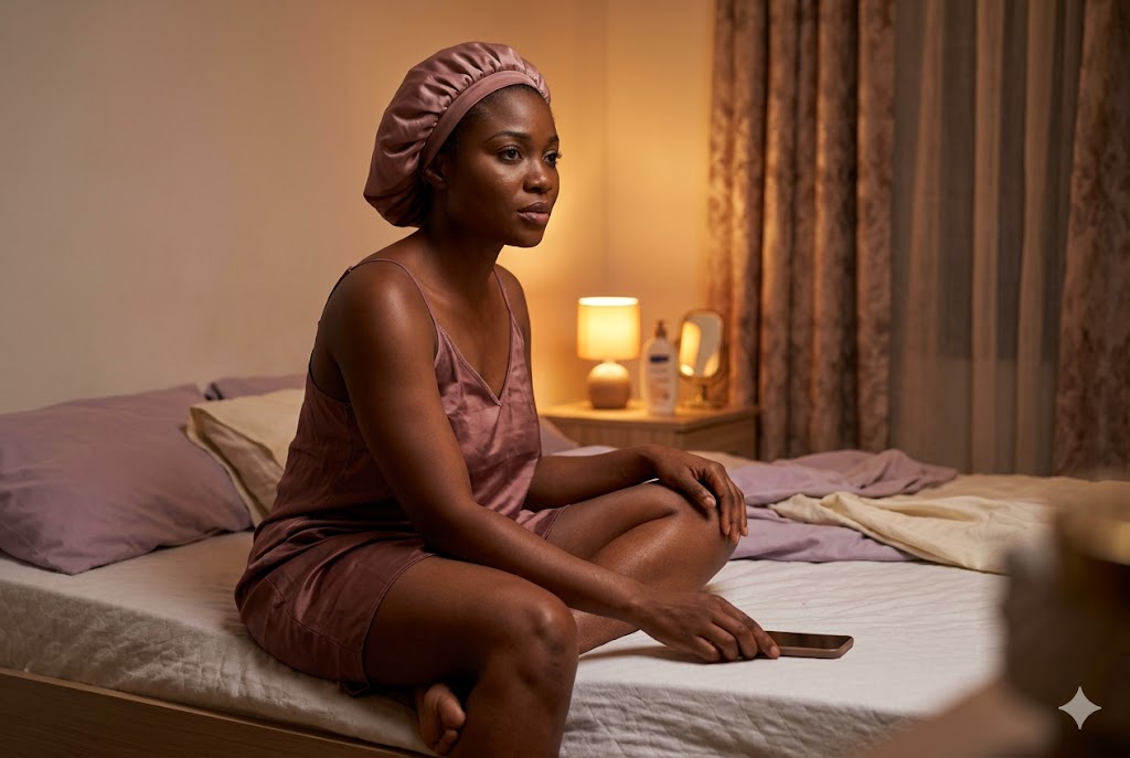 Woman sitting on bed with quiet determination